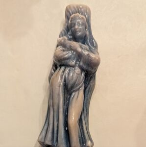 10" tall Elegant Blue and Cream Mary and Lamb Candle